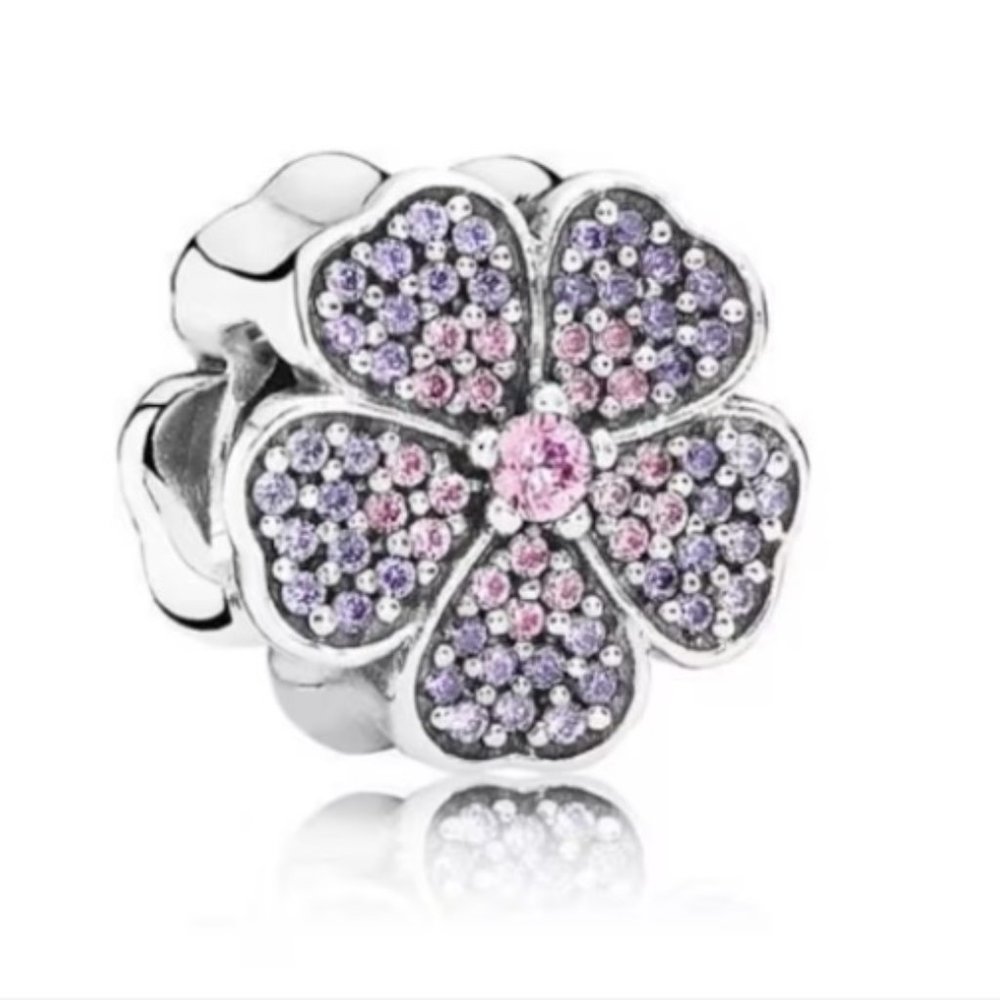 New Pandora Sparkling Authentic Pave Primrose Pink & Purple Flower Charm
